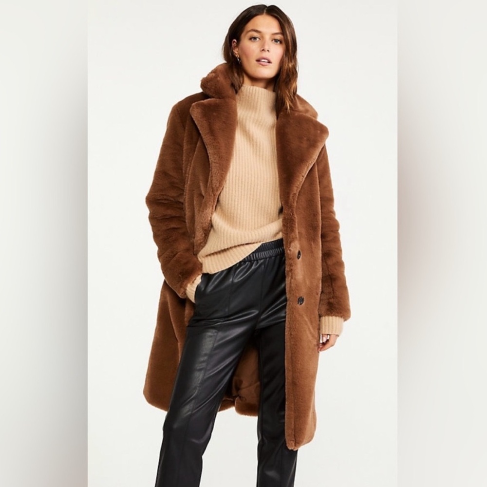 Ann Taylor Faux Fur Long Coat in Chocolate Mousse - Picture 1 of 5